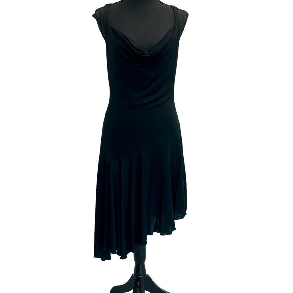 Bebe black asymmetrical spaghetti strap fit and flare dress Sz L